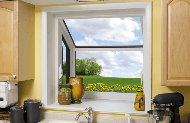 A garden window in a kitchen